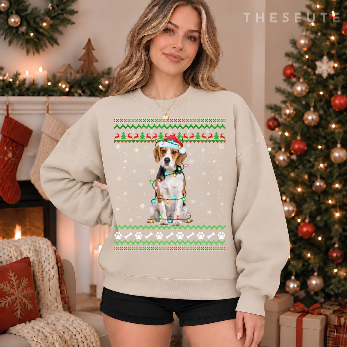 Beagle Dog Ugly Xmas Sweatshirt Lighting Santa Beagle Christmas Sweatshirt
