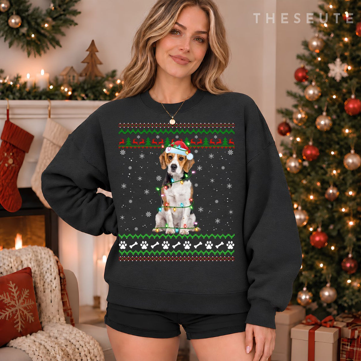 Beagle Dog Ugly Xmas Sweatshirt Lighting Santa Beagle Christmas Sweatshirt