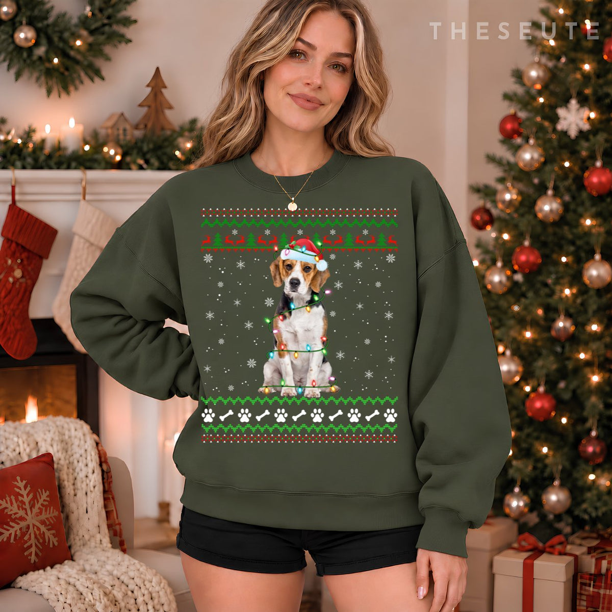 Beagle Dog Ugly Xmas Sweatshirt Lighting Santa Beagle Christmas Sweatshirt