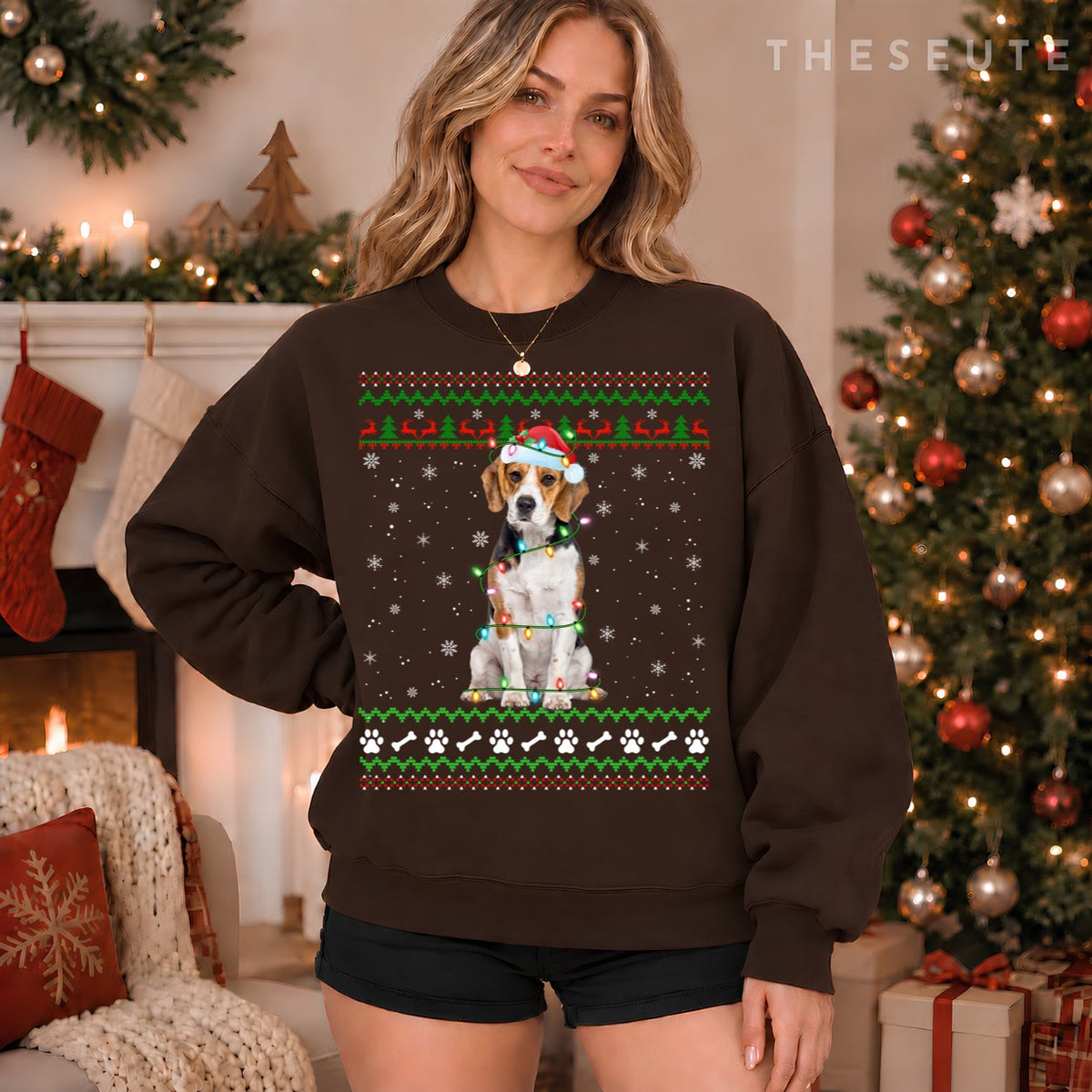 Beagle Dog Ugly Xmas Sweatshirt Lighting Santa Beagle Christmas Sweatshirt