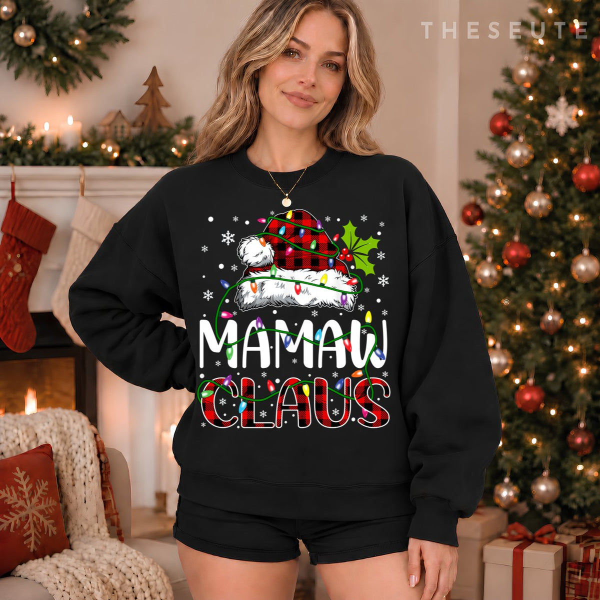Mamaw claus christmas lights matching family xmas pajama Sweatshirt