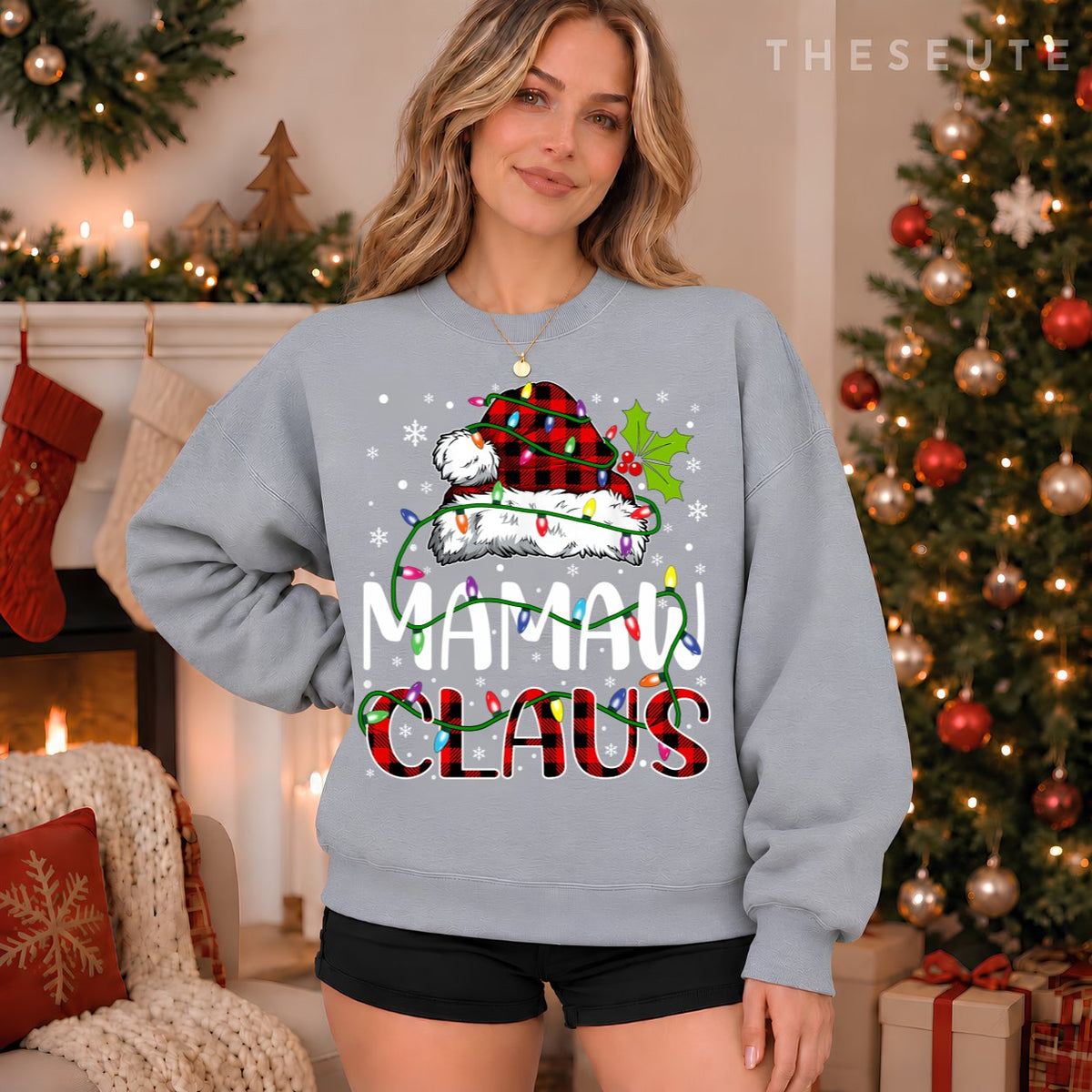 Mamaw claus christmas lights matching family xmas pajama Sweatshirt
