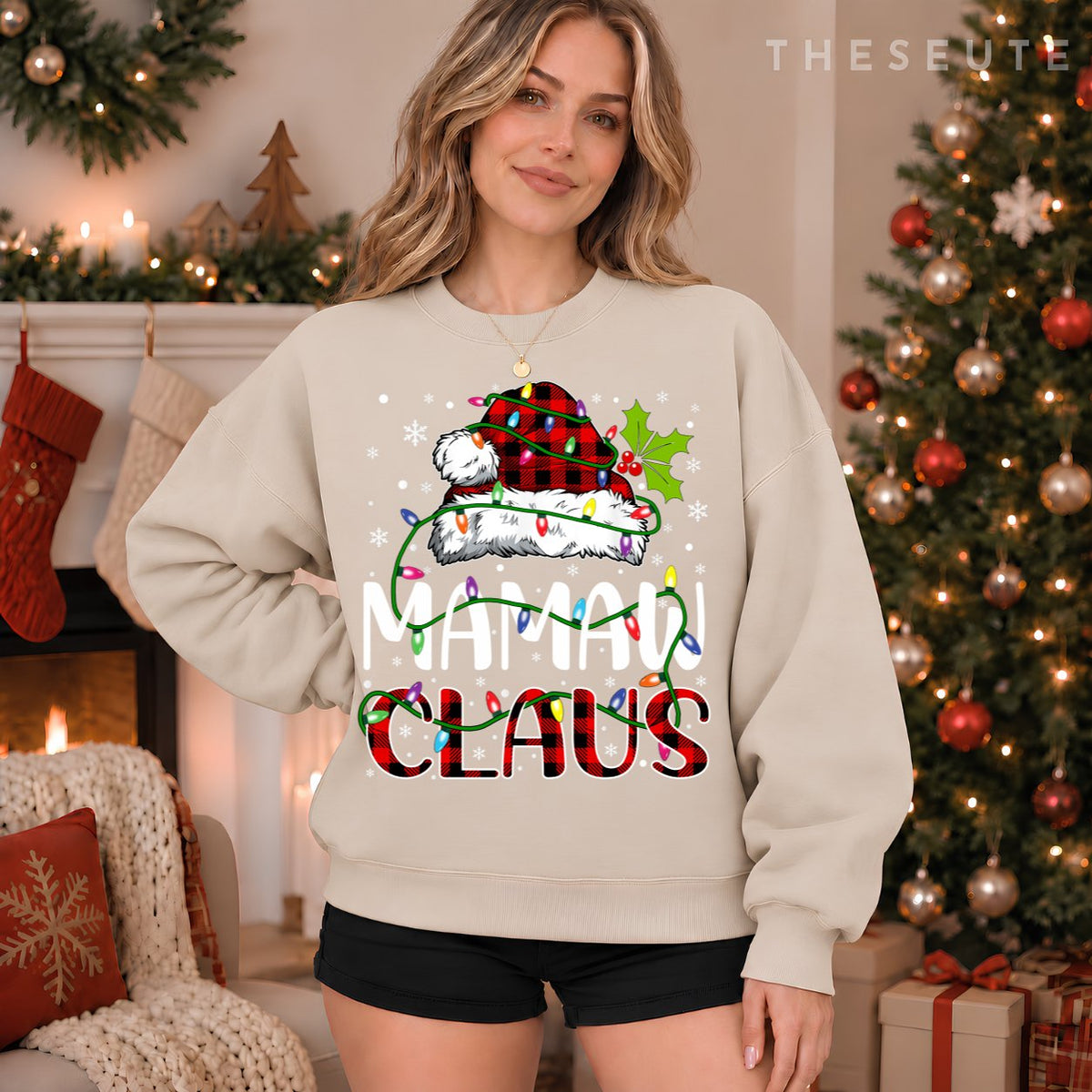 Mamaw claus christmas lights matching family xmas pajama Sweatshirt