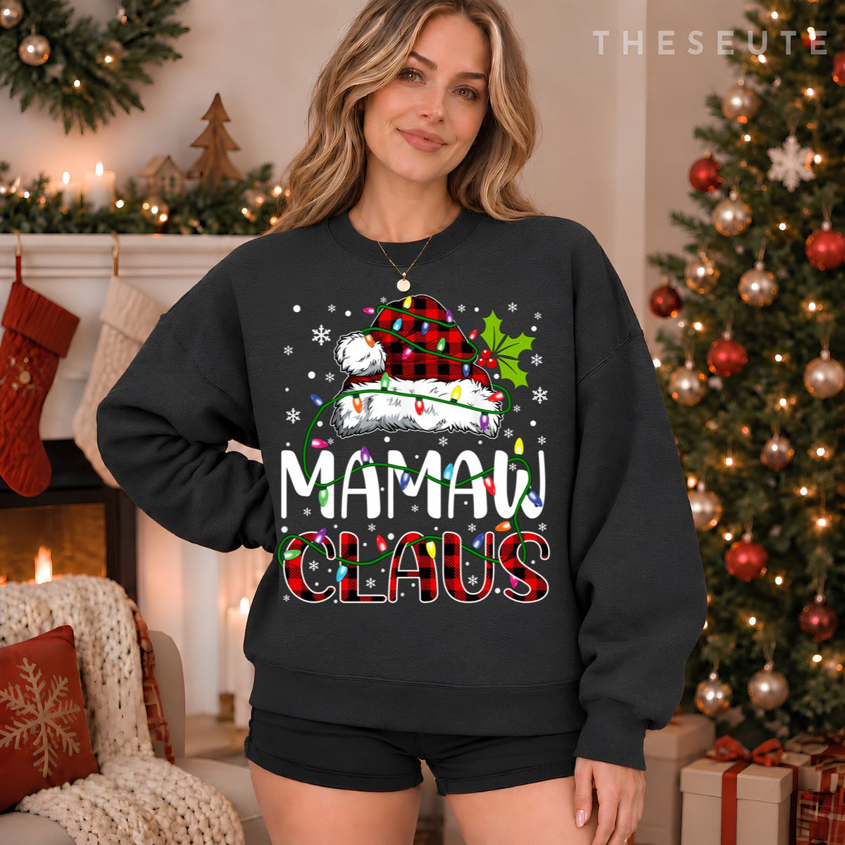 Mamaw claus christmas lights matching family xmas pajama Sweatshirt