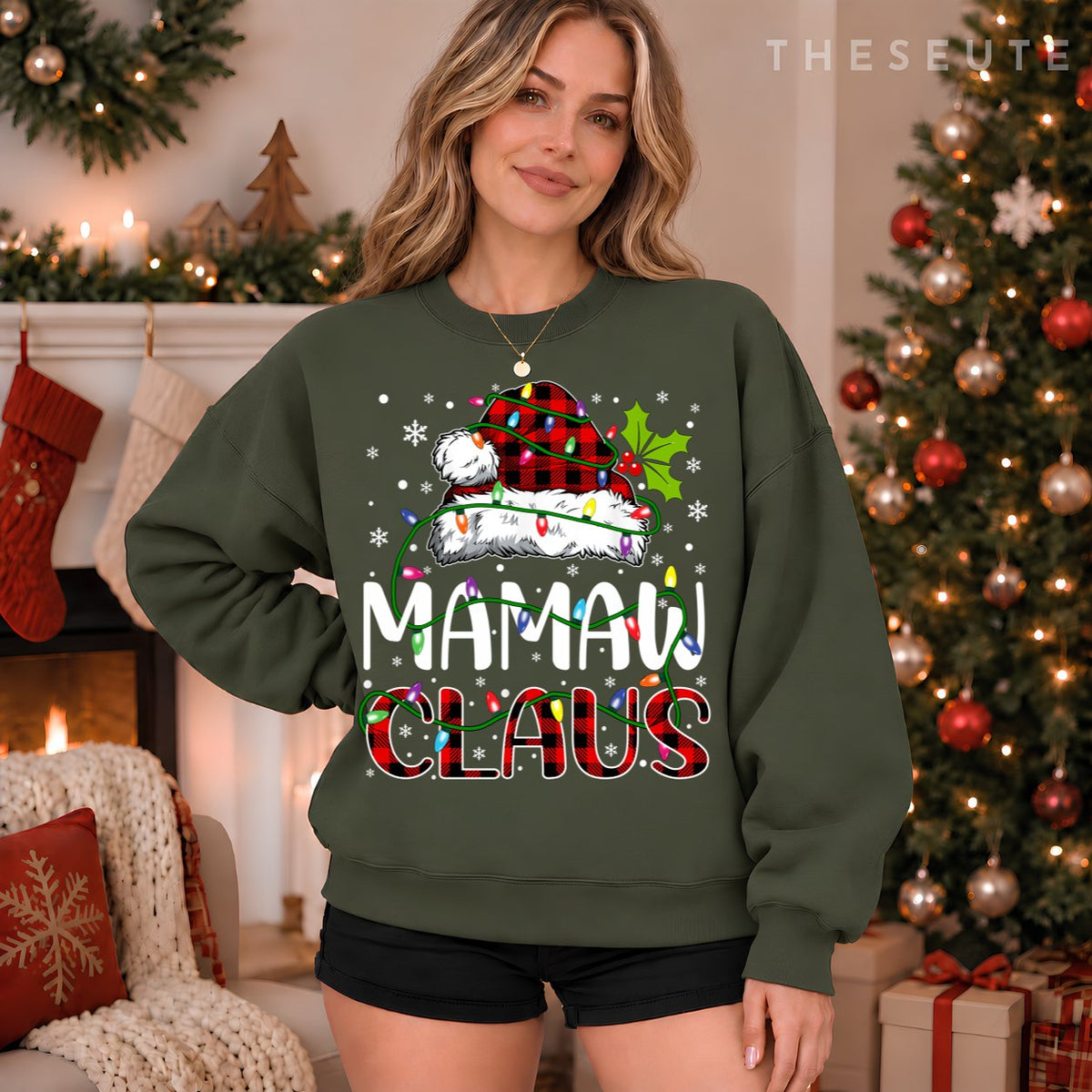 Mamaw claus christmas lights matching family xmas pajama Sweatshirt