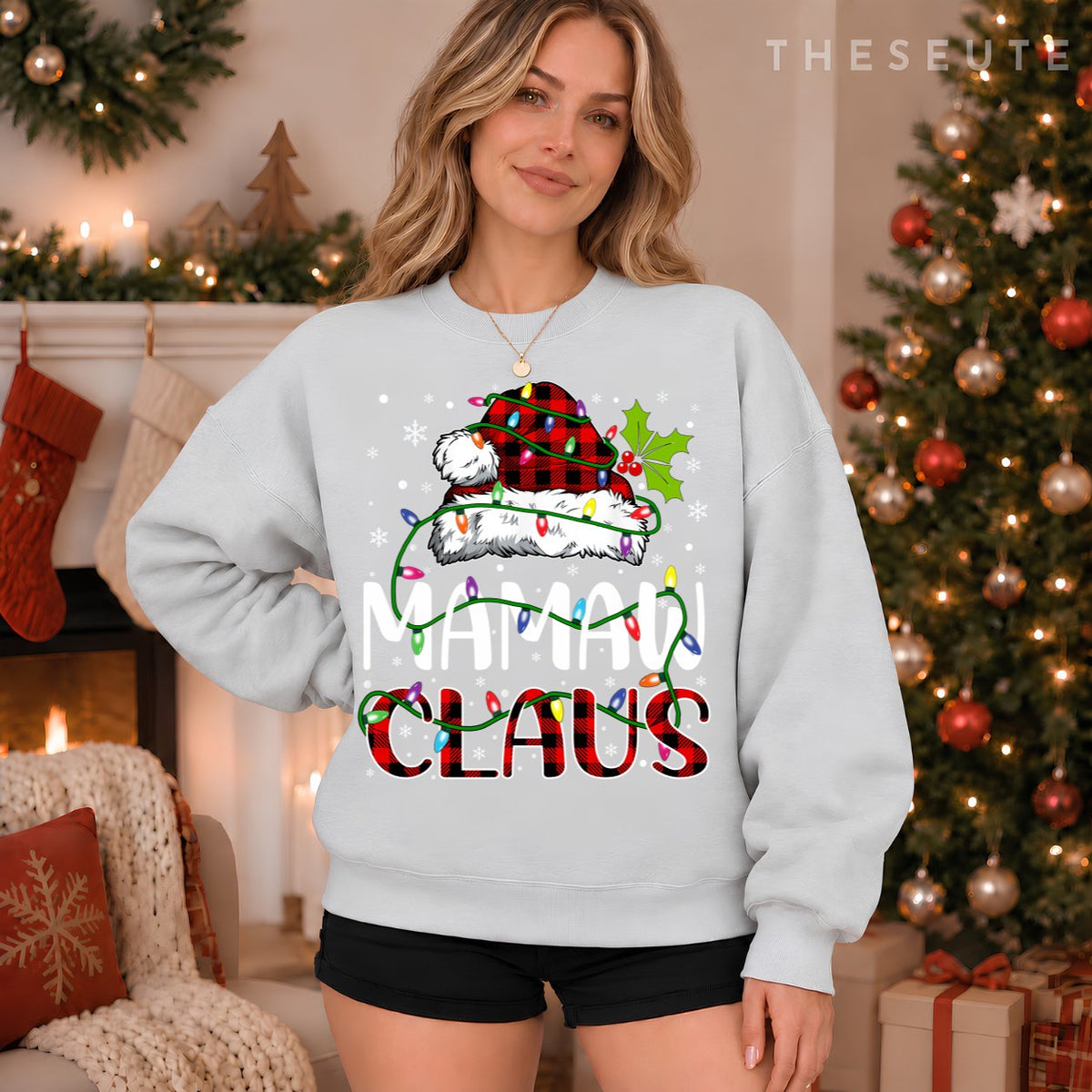 Mamaw claus christmas lights matching family xmas pajama Sweatshirt