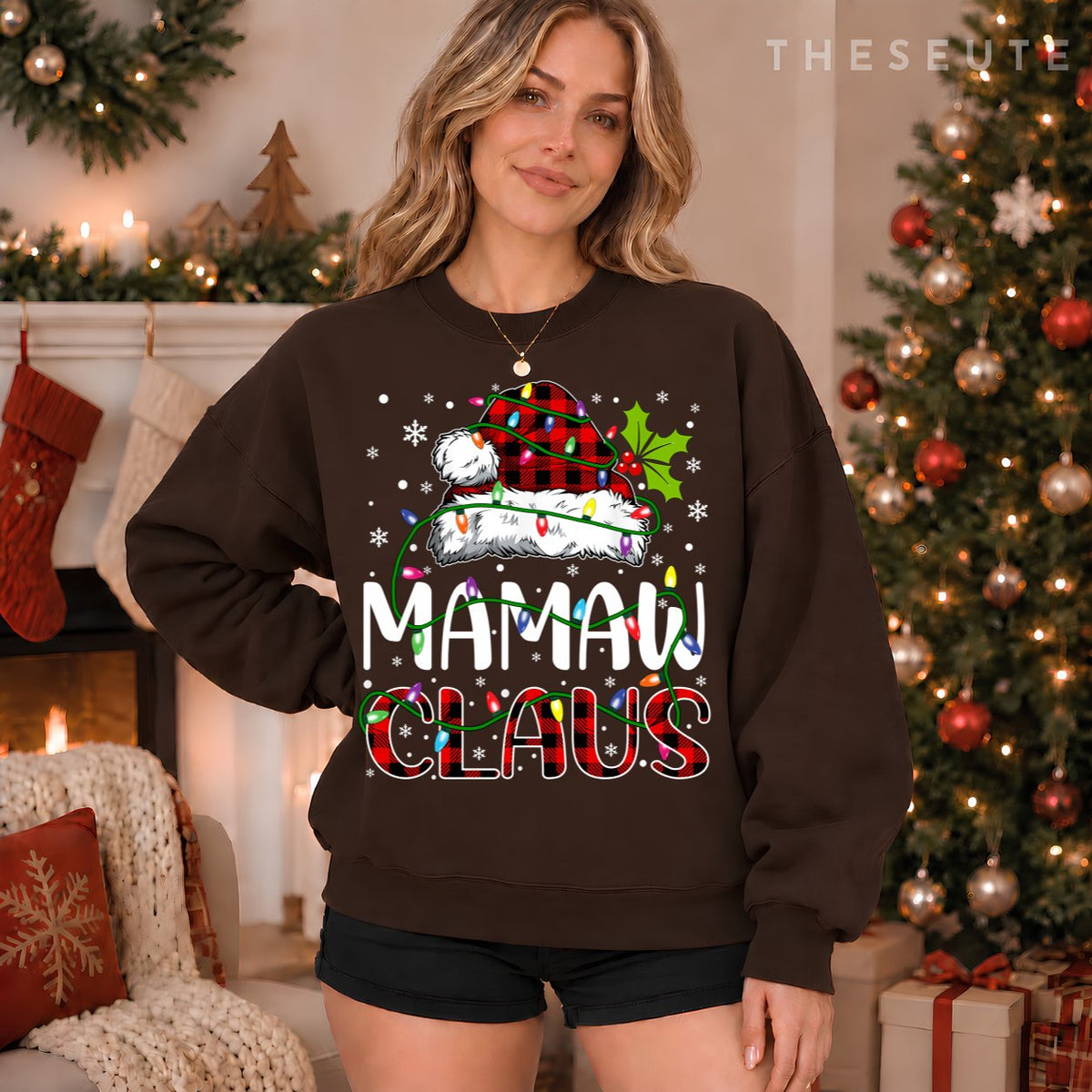 Mamaw claus christmas lights matching family xmas pajama Sweatshirt