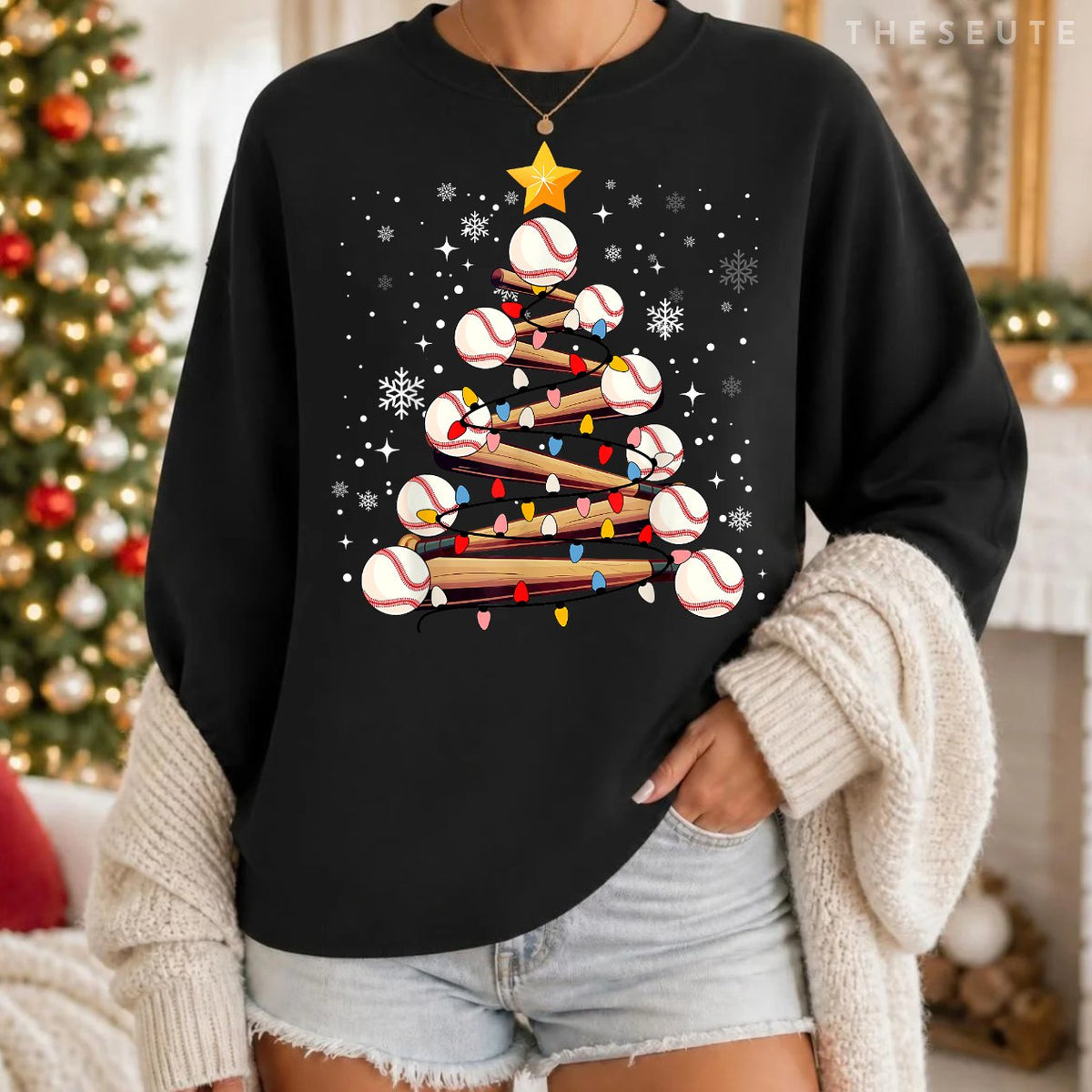Baseball Christmas Tree Light Xmas Baseball Boys Kids Sweatshirt