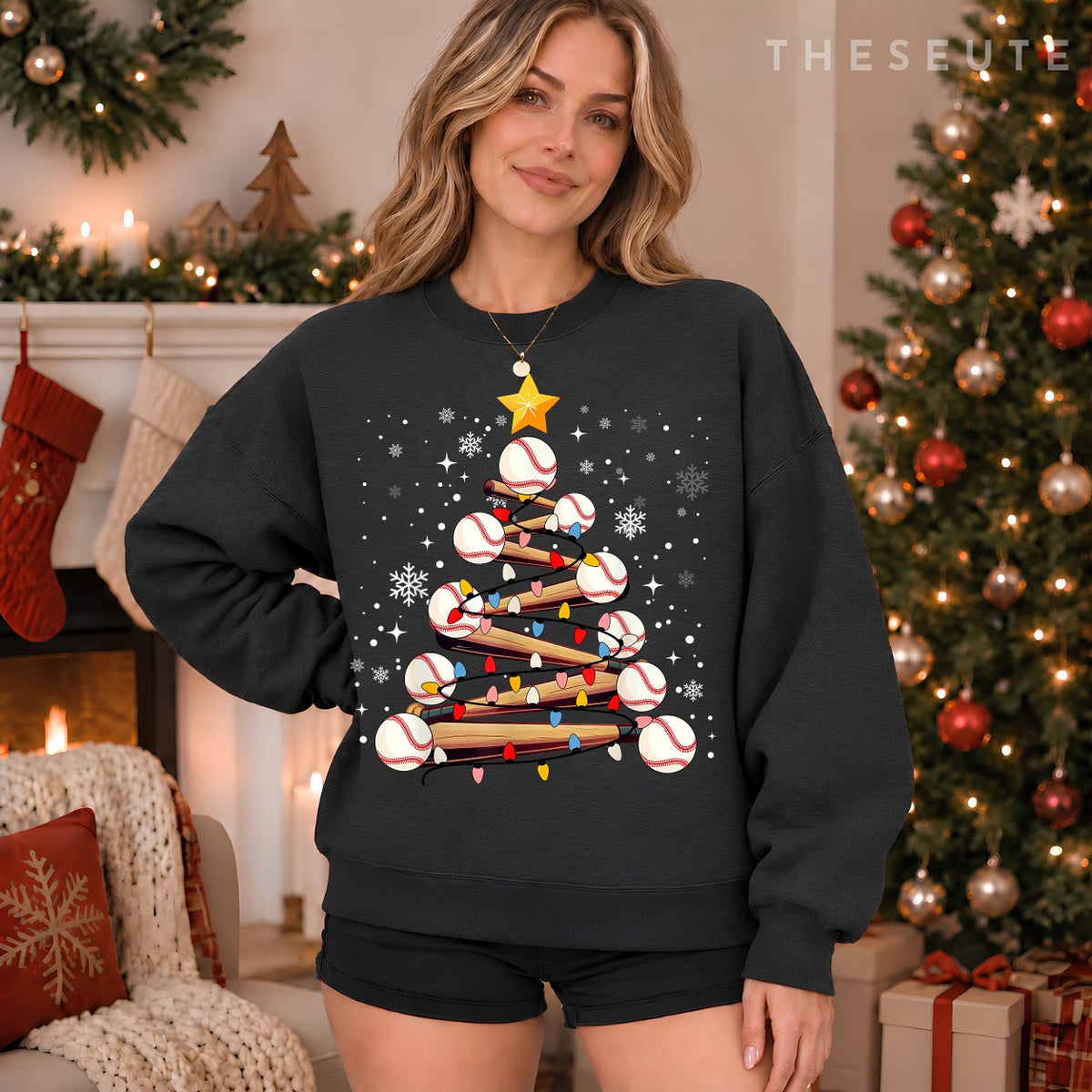 Baseball Christmas Tree Light Xmas Baseball Boys Kids Sweatshirt