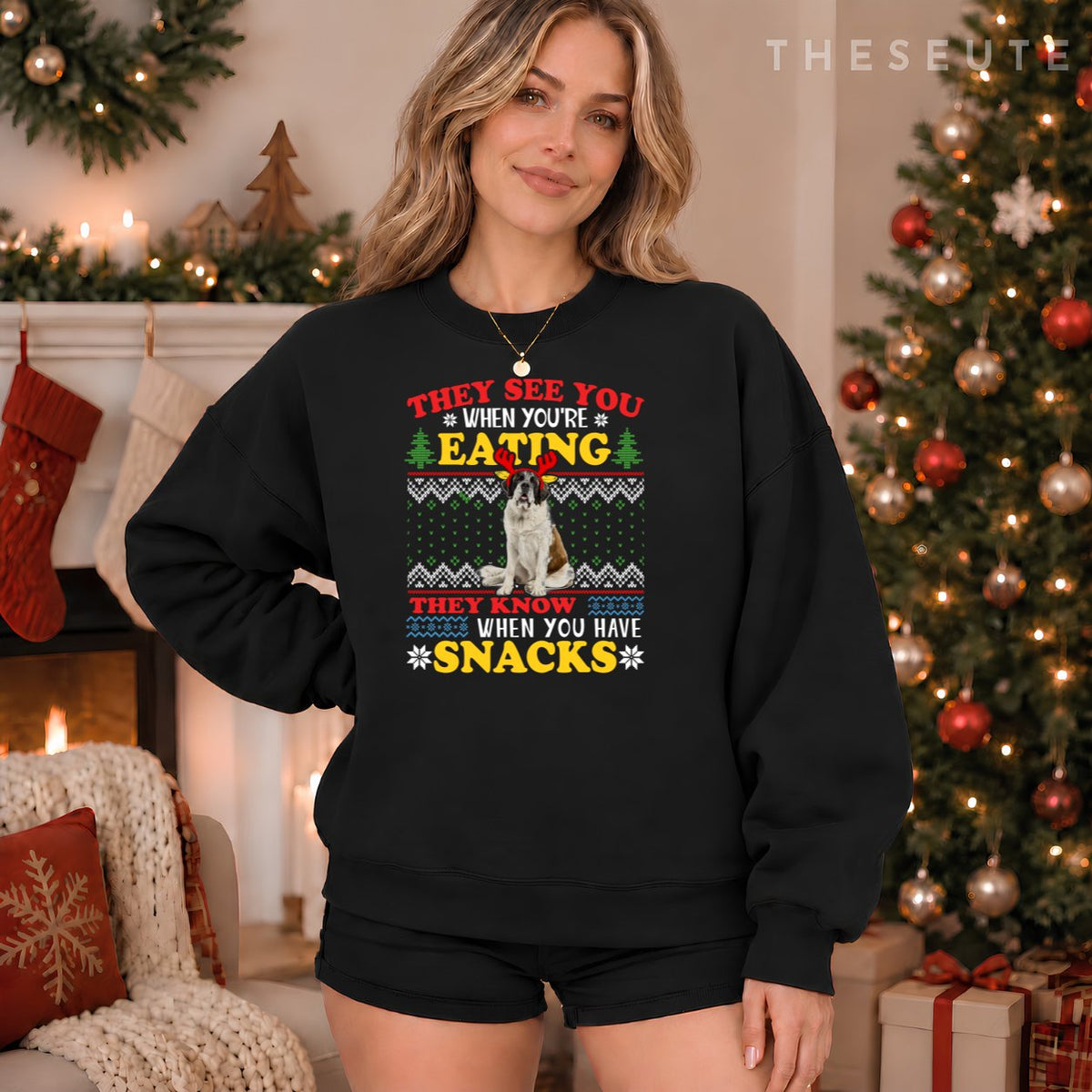 Saint Bernard Ugly Christmas They See You're Eating Xmas Sweatshirt