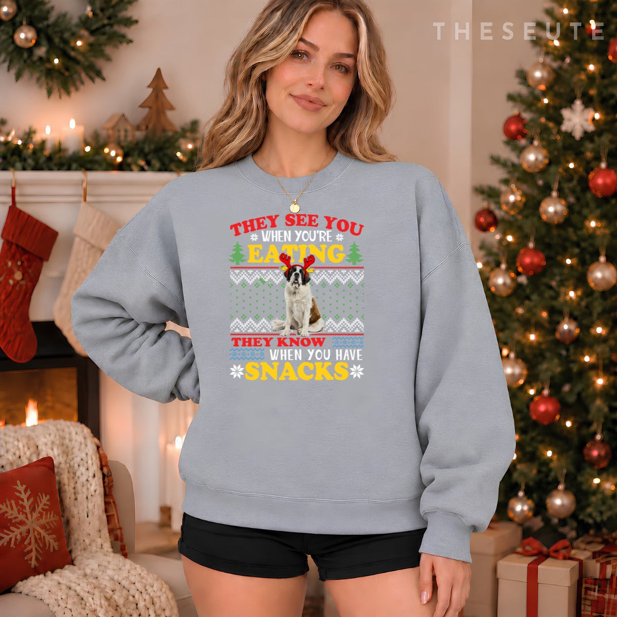 Saint Bernard Ugly Christmas They See You're Eating Xmas Sweatshirt