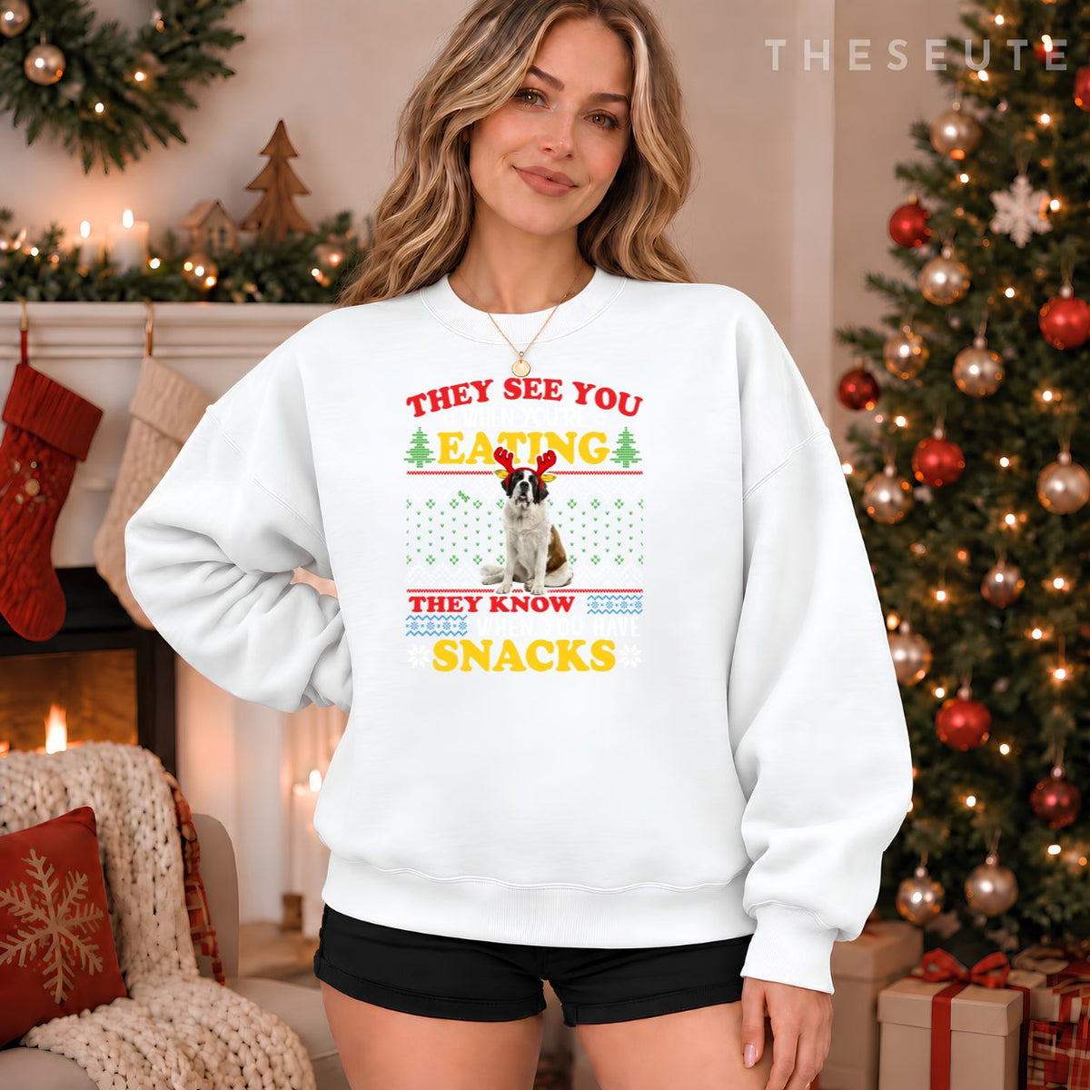 Saint Bernard Ugly Christmas They See You're Eating Xmas Sweatshirt