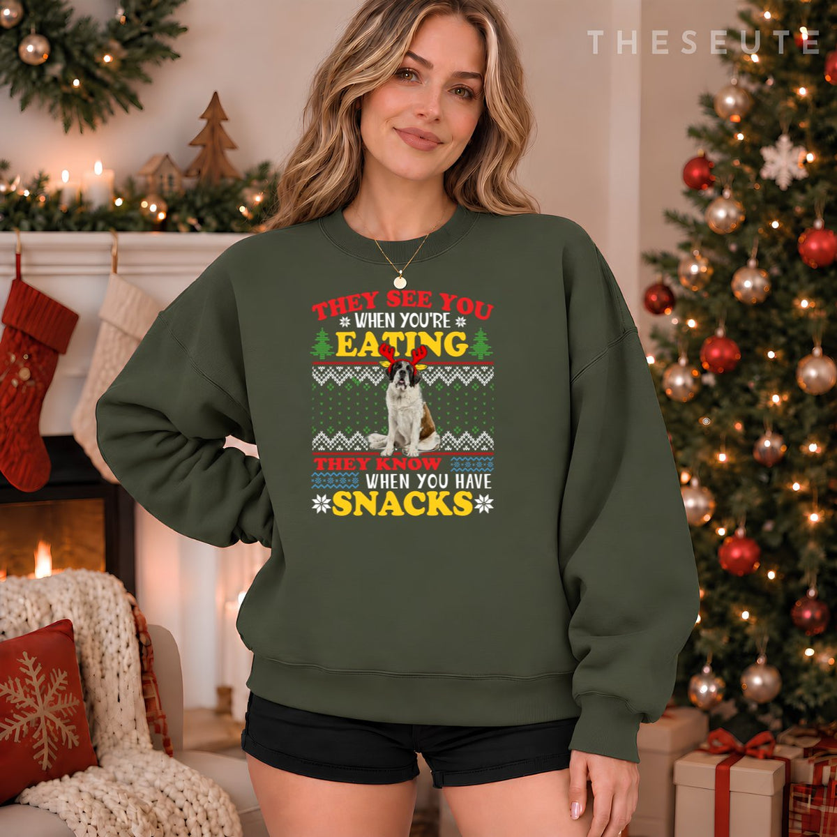 Saint Bernard Ugly Christmas They See You're Eating Xmas Sweatshirt