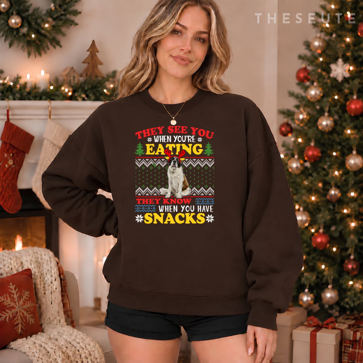 Saint Bernard Ugly Christmas They See You're Eating Xmas Sweatshirt