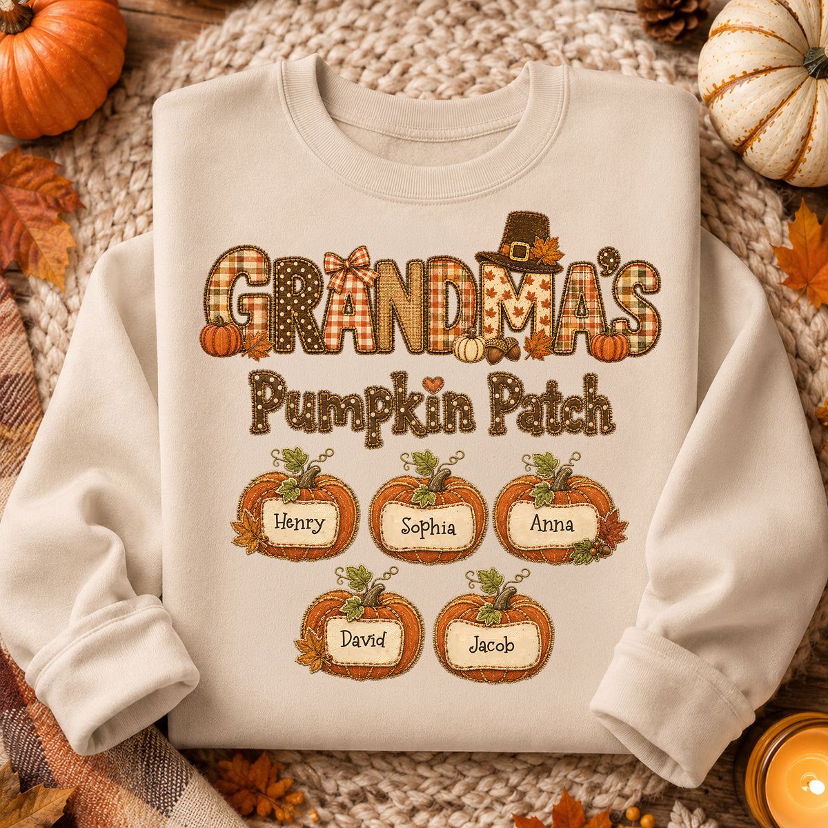 Grandma's Pumpkin Patch Fall Patchwork Pattern - Personalized Shirt - Trendy Fall Halloween Tee for Grandma