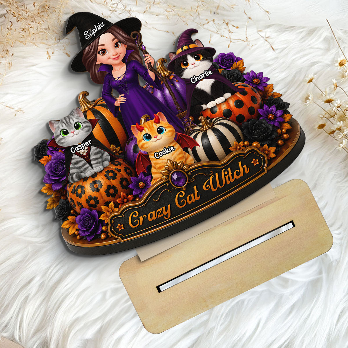 Crazy Cat Witch 2D Flat - Personalized Wooden Plaque - Halloween Decoration.