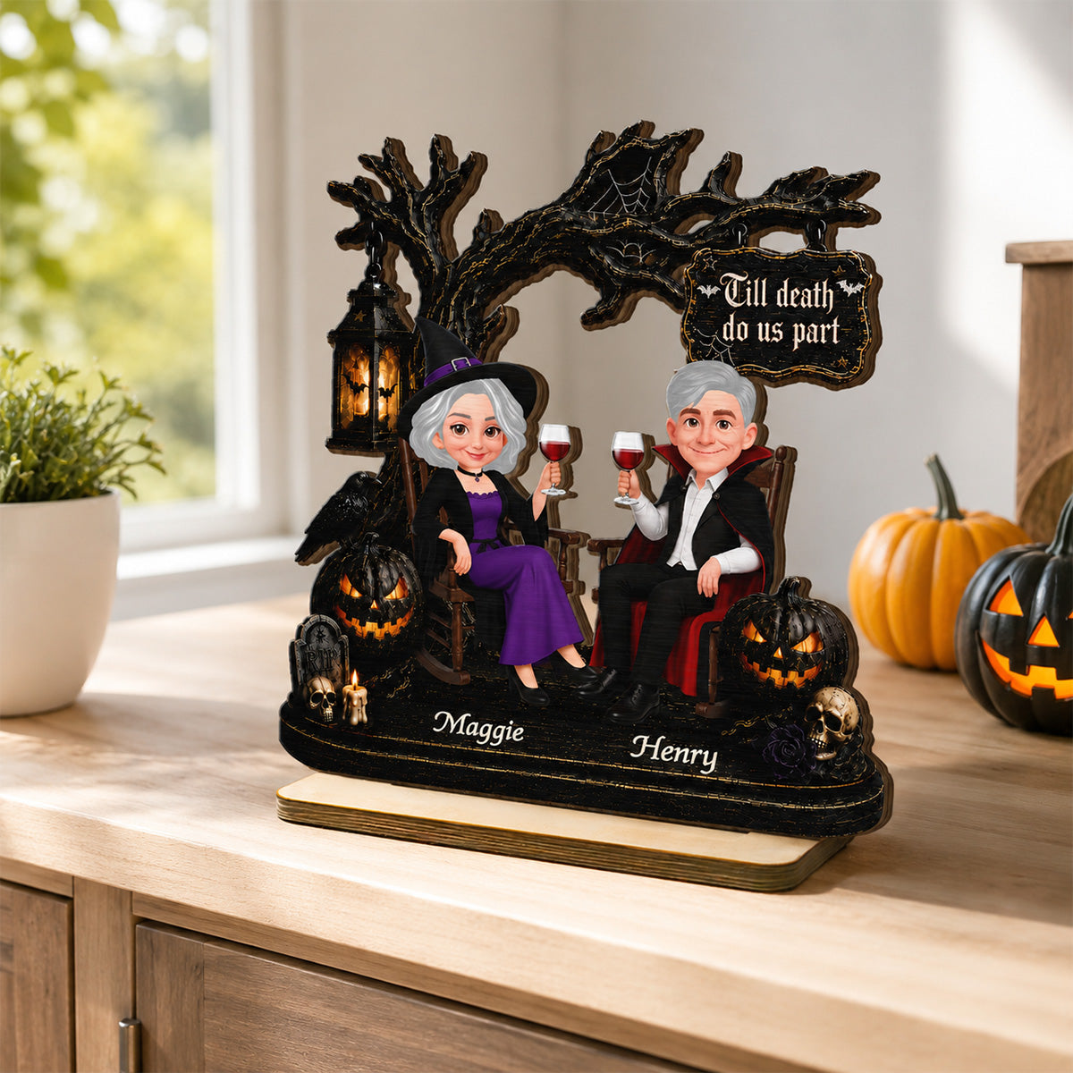 Couple Sitting Under Spooky Halloween Tree 2D Flat - Personalized 2-Layer Wooden Plaque - Tabletop Tier Tray Wicca Pagan Decor
