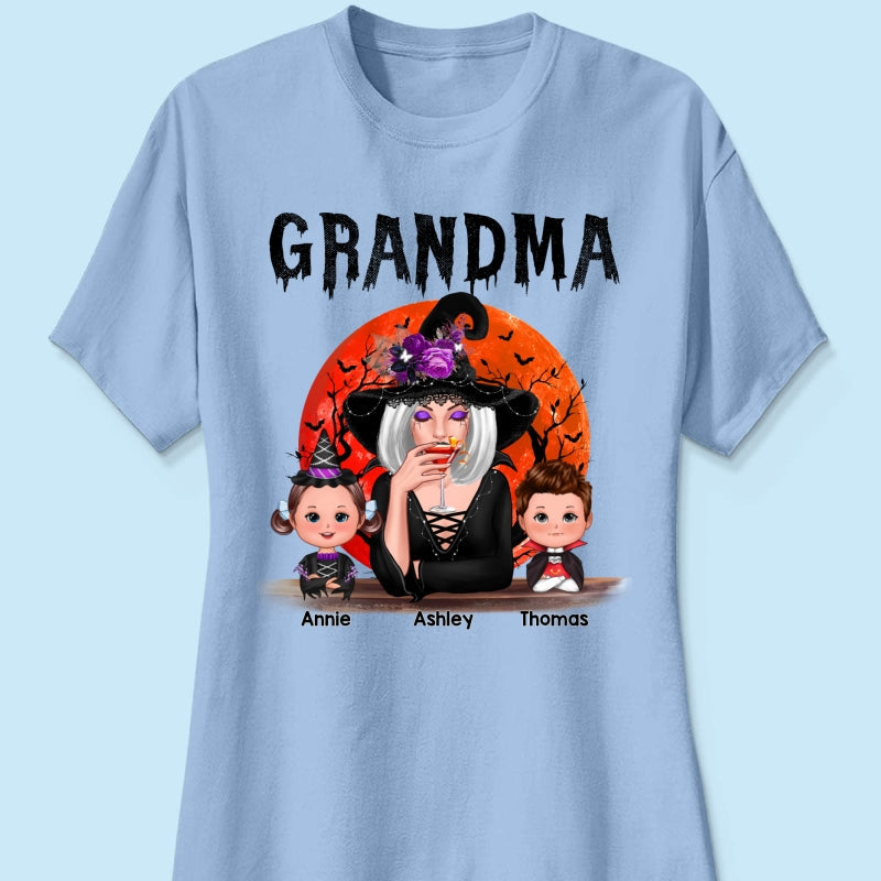 Halloween Moon Grandma Mom Witch With GrandKids Personalized Shirt