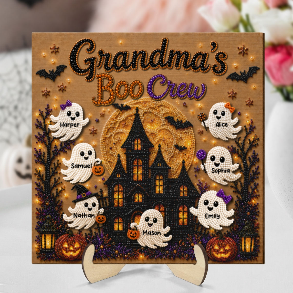 Grandma’s Boo Crew Haunted House Faux Diamond Art – Personalized Wooden Plaque – Halloween Decor Gift For Grandma
