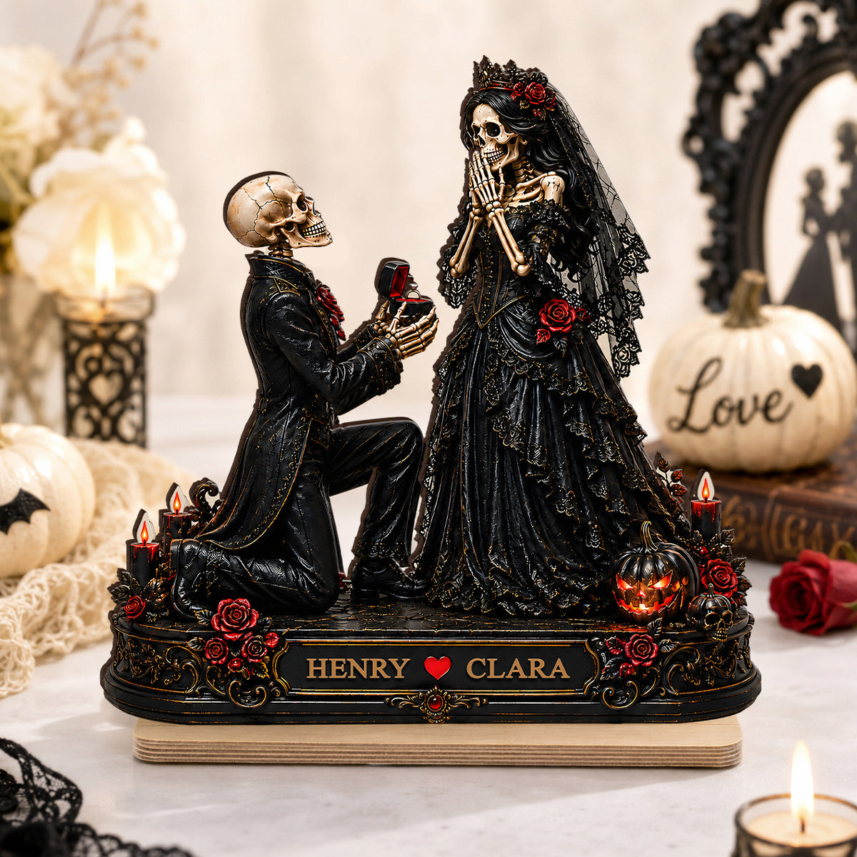 Skeleton Couple Marriage Proposal - Personalized 2-Layered Wooden Plaque - Halloween Decor Gift, Gift For Couple