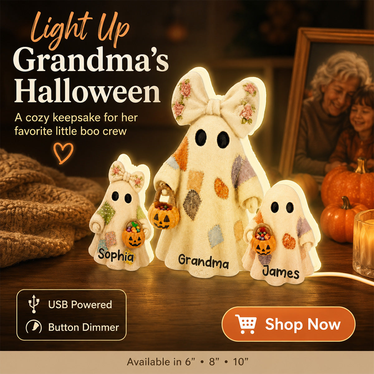 Grandma's Boo Crew Patchwork Style Ghosts 2D Flat - Personalized Light Box - Halloween Decor For Grandma