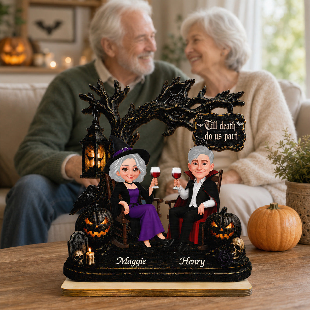 Couple Sitting Under Spooky Halloween Tree 2D Flat - Personalized 2-Layer Wooden Plaque - Tabletop Tier Tray Wicca Pagan Decor