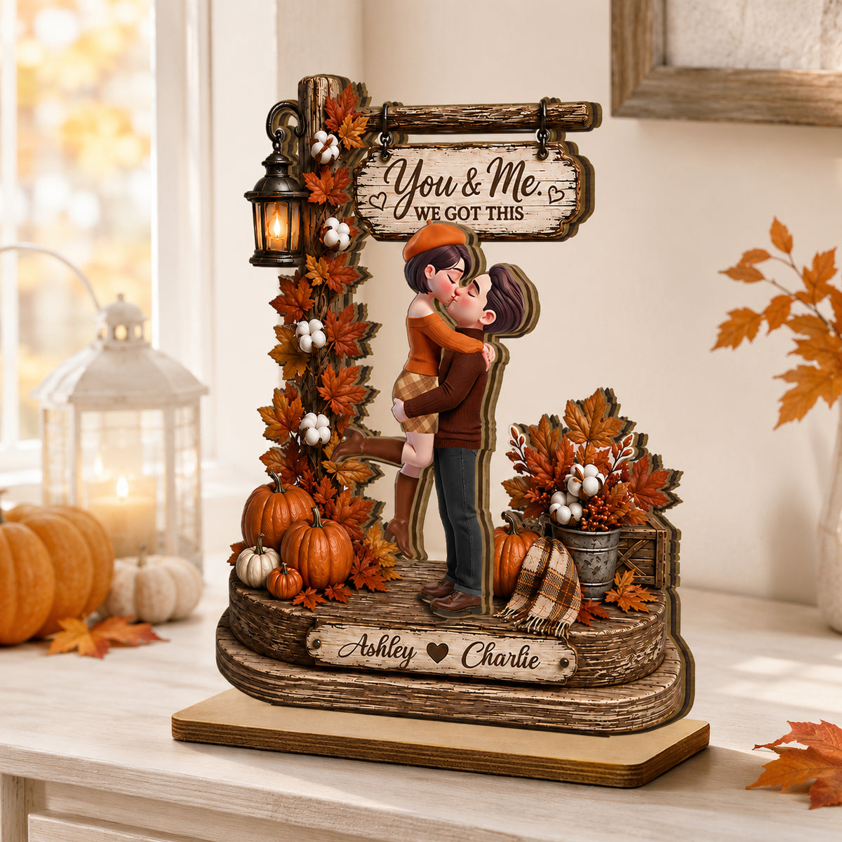 Couple Sitting On Rocking Chair Fall Season - Personalized 2-Layered Wooden Plaque - Fall Season Decor Gift, Gift For Couple
