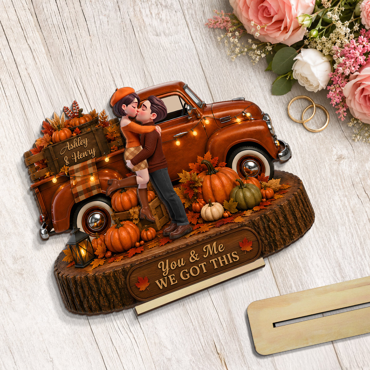Fall Season Couple Pickup Truck - Personalized 2-Layered Wooden Plaque - Fall Season Decor Gift, Gift For Couple