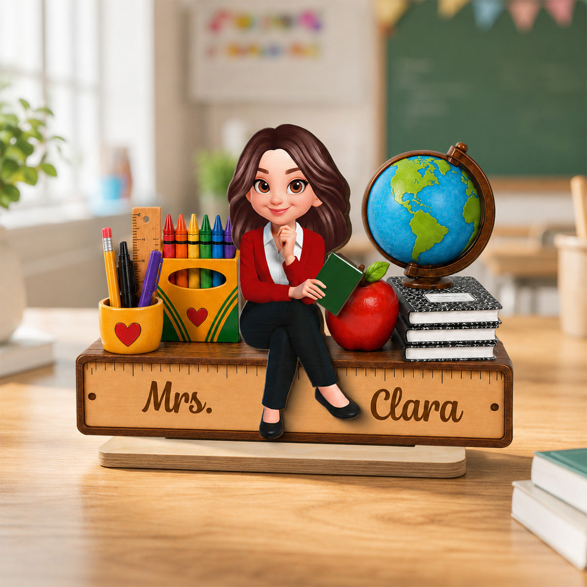 Teacher Sitting With School Supplies 2D Flat - Personalized Wooden Plaque - Back To School Gift For Teacher