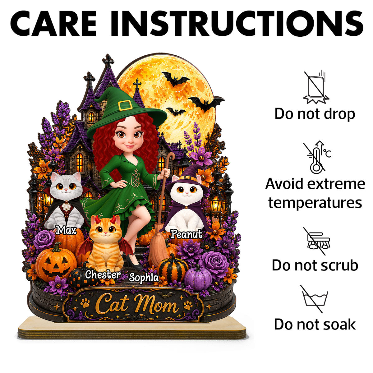 Cat Mom Witch Haunted House Moon - Personalized 2-Layered Wooden Plaque - Halloween Decor Gift, Gift For Cat Lovers