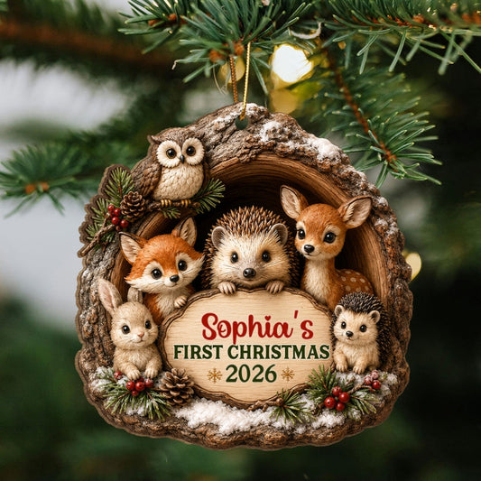 Baby First Christmas Woodland Animal - Personalized Wooden Ornament - Christmas Gift For Newborn Baby