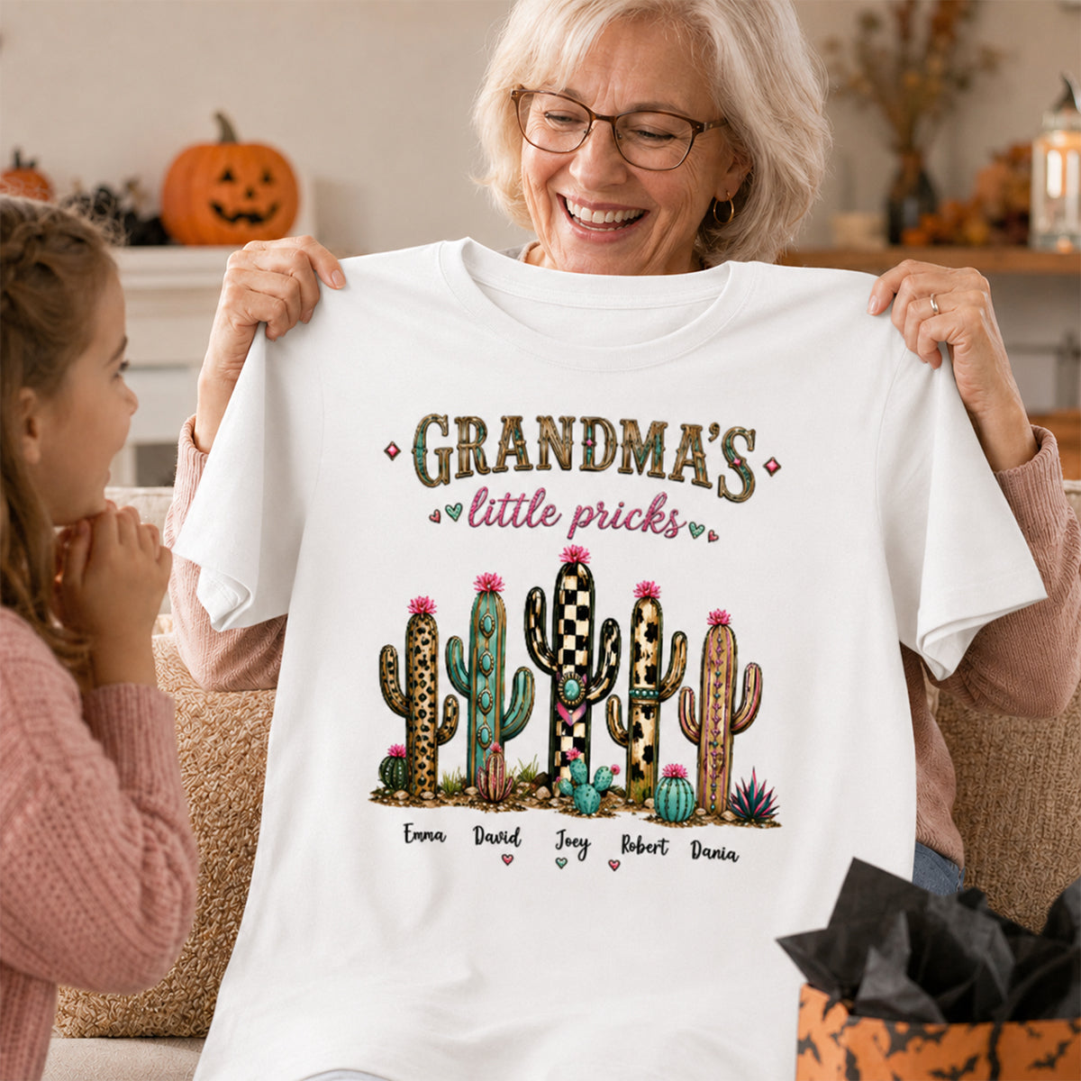 Grandma's Little Pricks - Personalized Shirt - Leopard Cactus Fall Vibe, Trendy Tee for Grandma