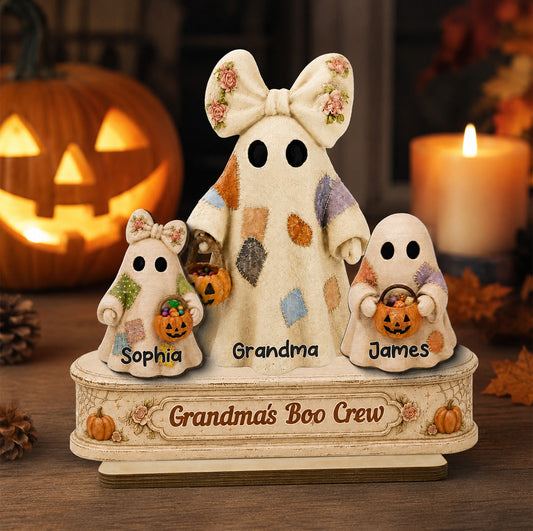 Grandma's Boo Crew Patchwork Style Ghosts 2D Flat - Personalized 2-Layered Wooden Plaque - Fall Season Halloween Decor For Grandma