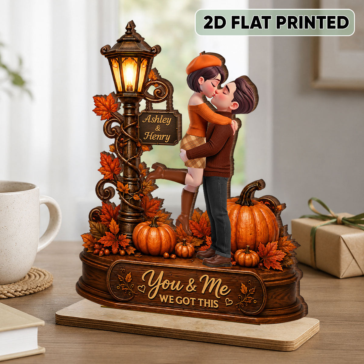 Couple Hugging Under Lamp Post Fall Season - Personalized 2-Layered Wooden Plaque - Heartfelt Gift for Her, for Him