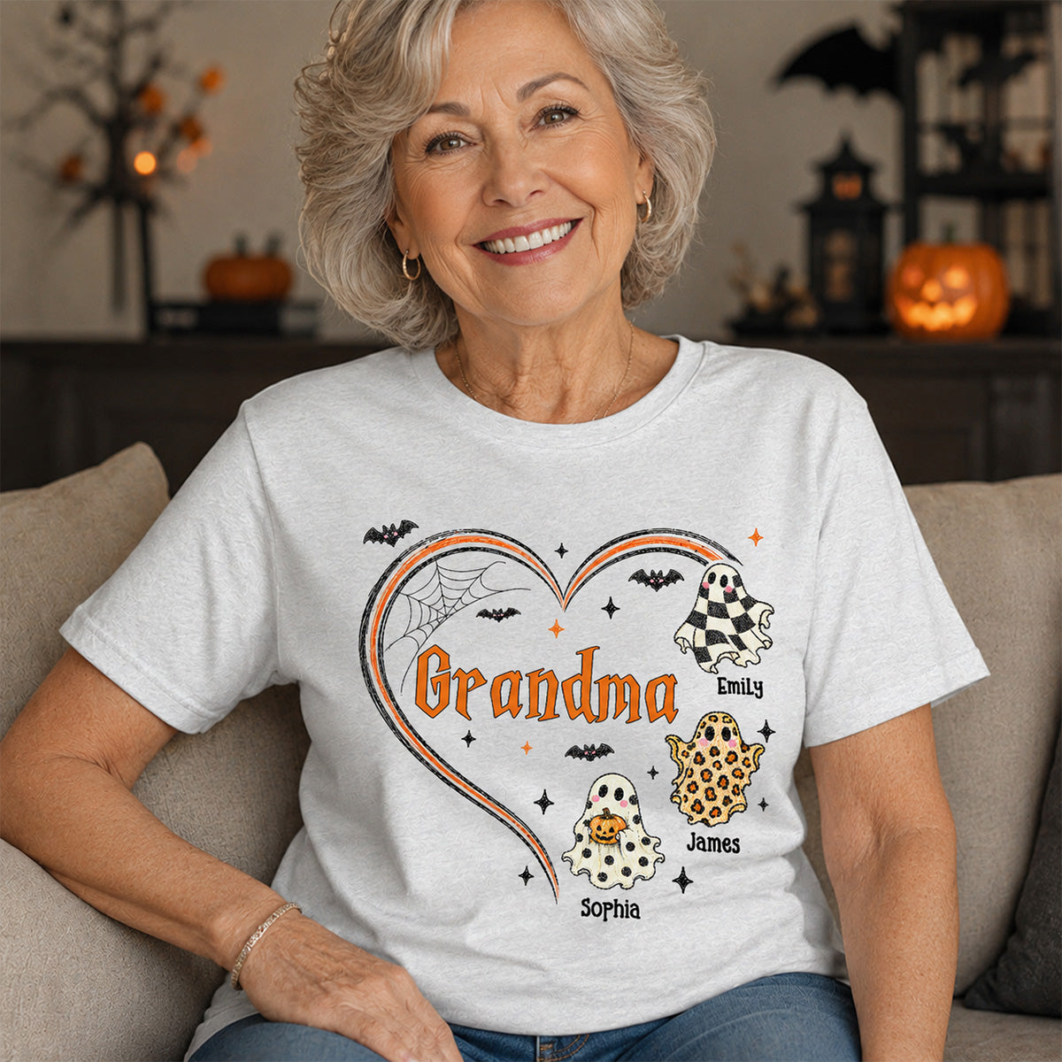 Grandma's Boo Crew Heart Checkered Leopard Polka Dot Ghosts - Personalized Shirt - Perfect Halloween Costume for Grandma