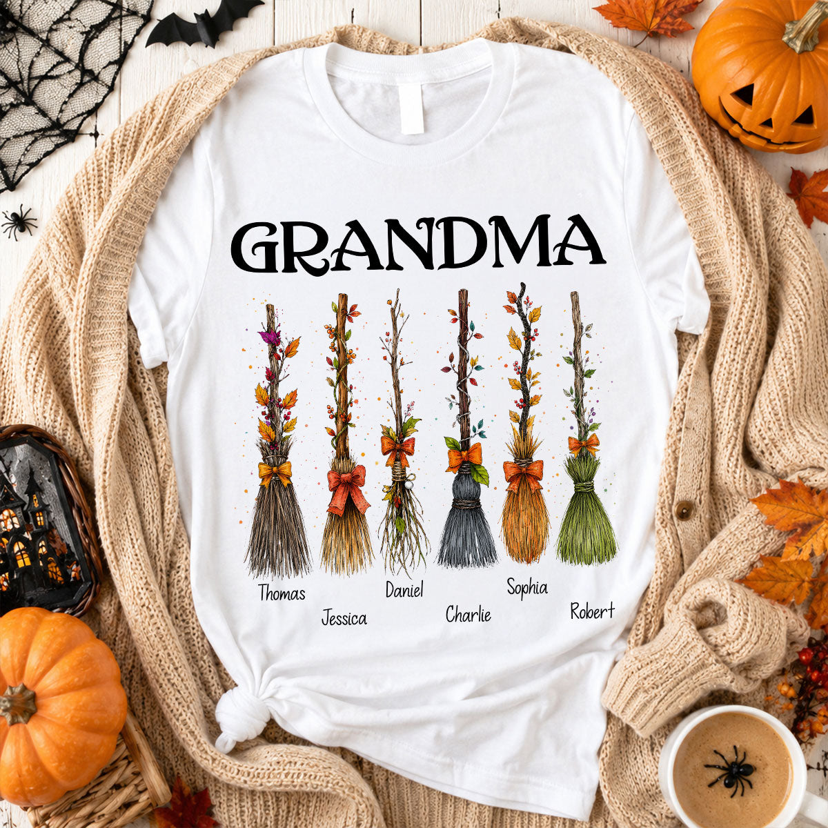 Grandma Witch Beautiful Broomsticks Custom Grandkids Names - Personalized Shirt - Halloween Gift For Grandma