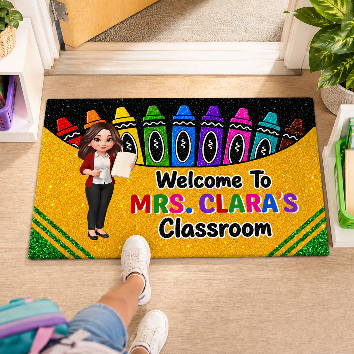 Teacher Happy Crayon Box Welcome To Classroom - Personalized Doormat - Back To School Gift For Teacher, Classroom Decor