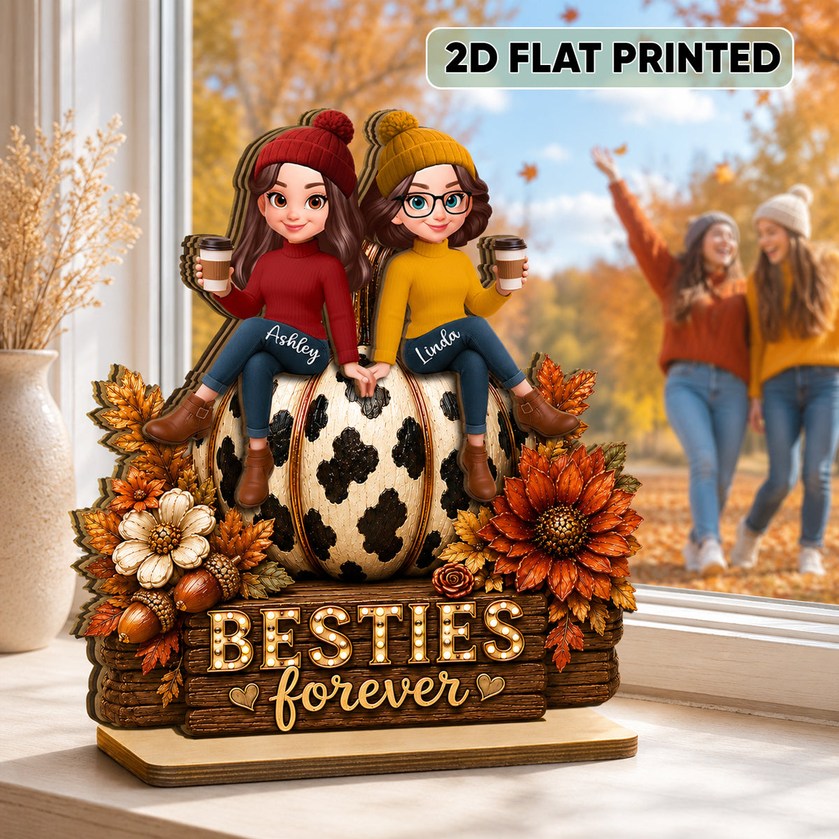 Besties Forever Pumpkin Western Fall Vibe - Personalized 2-Layered Wooden Plaque - Fall Decor for Best Friends