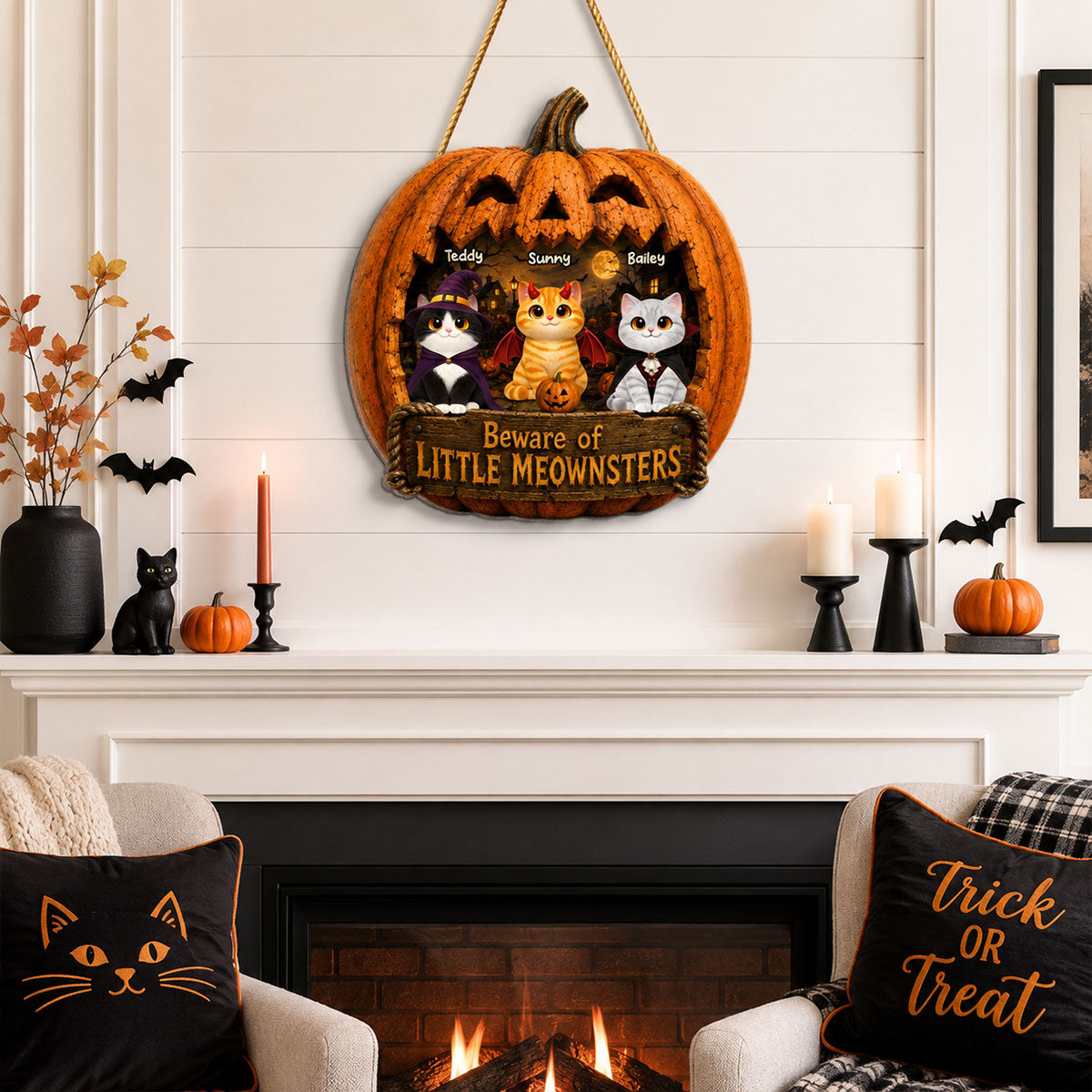 Spooky Halloween Pumpkin Cats - Personalized Wood Sign - Halloween Decor For Cat Lovers
