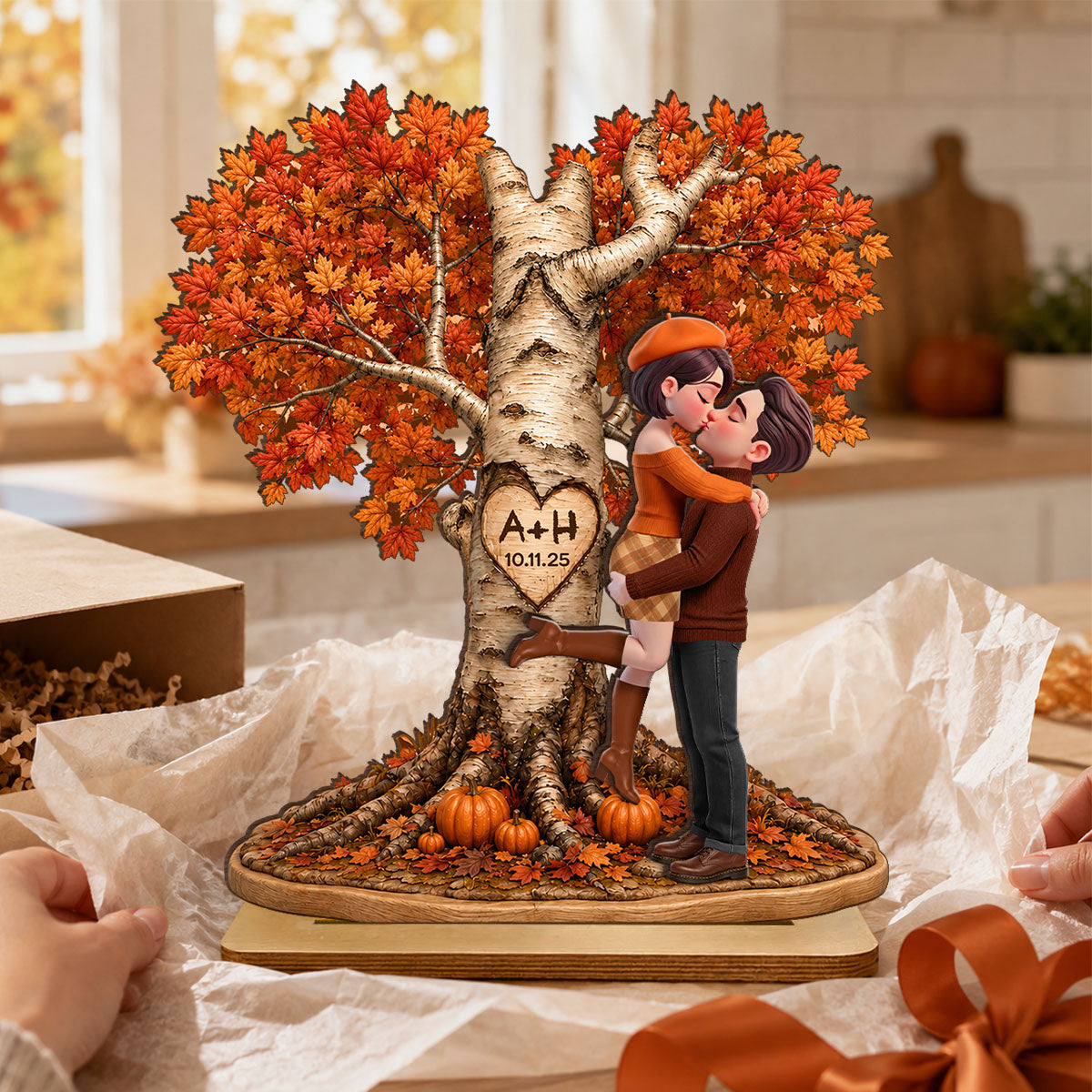 Fall Season Love Tree - Personalized 2-Layered Wooden Plaque - Heartfelt Anniversary Wedding Gift for Her, for Him