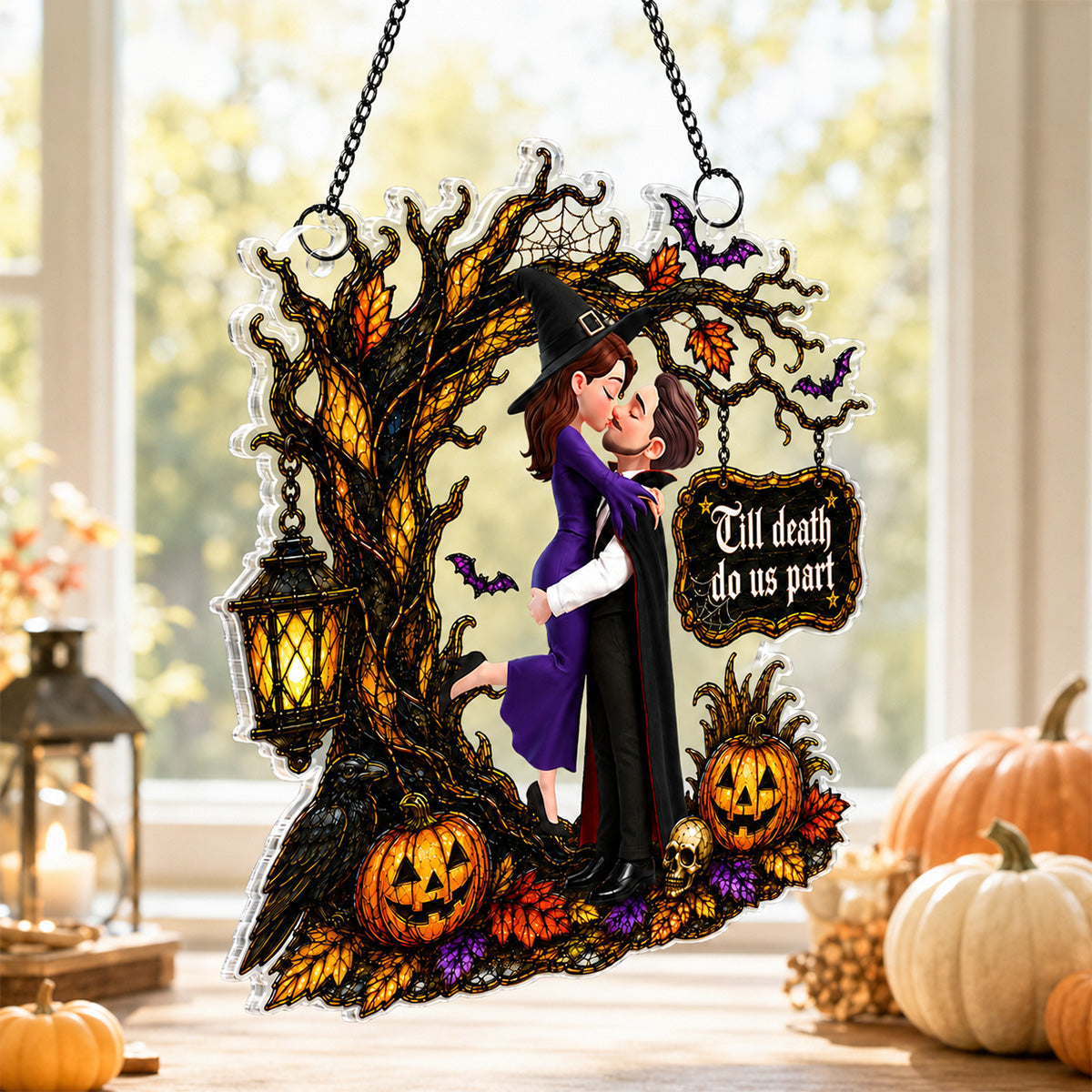 Couple Hugging Under Spooky Halloween Tree 2D Flat - Personalized Acrylic Window Hanger - Halloween Decor For Couple