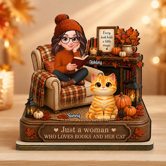 Fall Season Just A Woman Who Loves Books And Cats - Personalized 2-Layered Wooden Plaque - Fall Gift For Book Lovers
