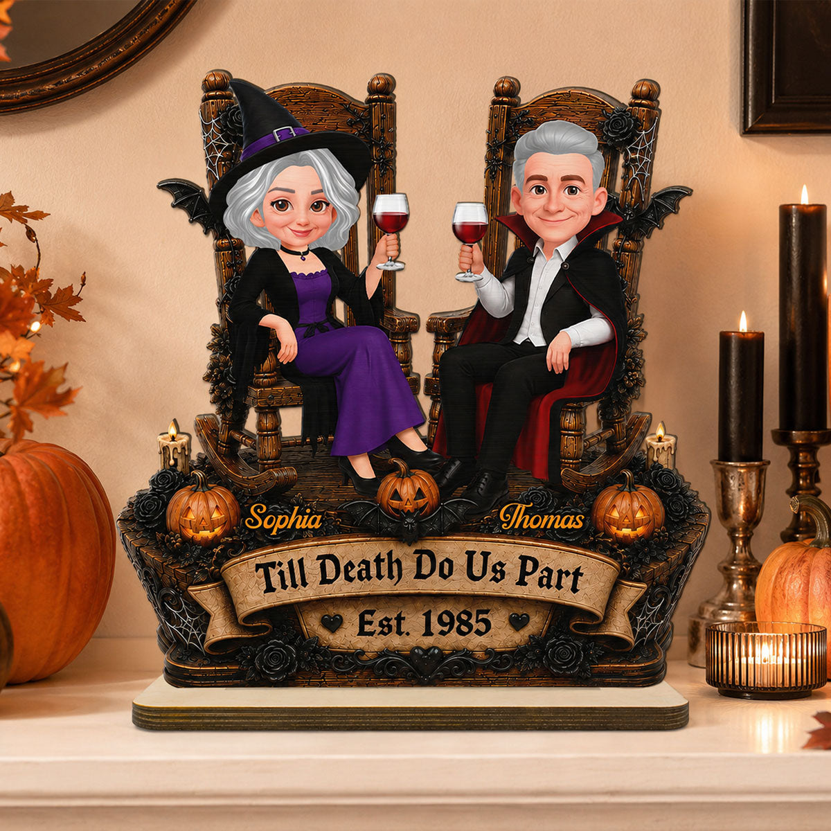 Trending Halloween Couple Sitting - Personalized 2-Layered Wooden Plaque - Halloween Decoration For Couple