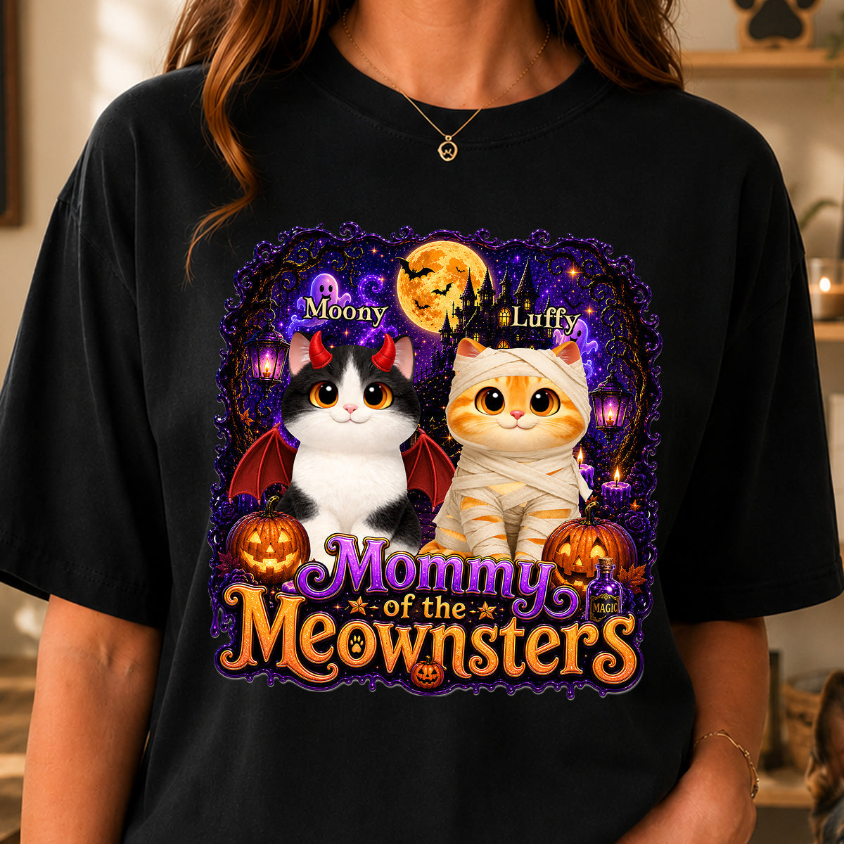 Mommy Spooky Halloween Cat Meownsters - Personalized Shirt - Halloween Gift, Gift For Cat Lovers