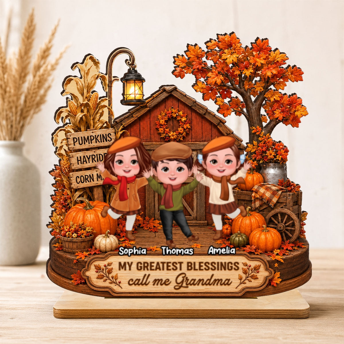 Grandma Grandkids Greatest Blessings - Personalized 2-Layered Wooden Plaque - Fall Season Decor Gift, Gift For Grandma