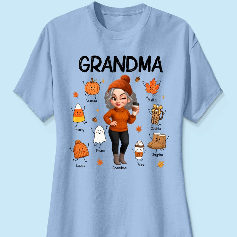 Fall Season Grandma Custom Grandkids Doodle Fall Symbols - Personalized Shirt - Fall Gift For Grandma
