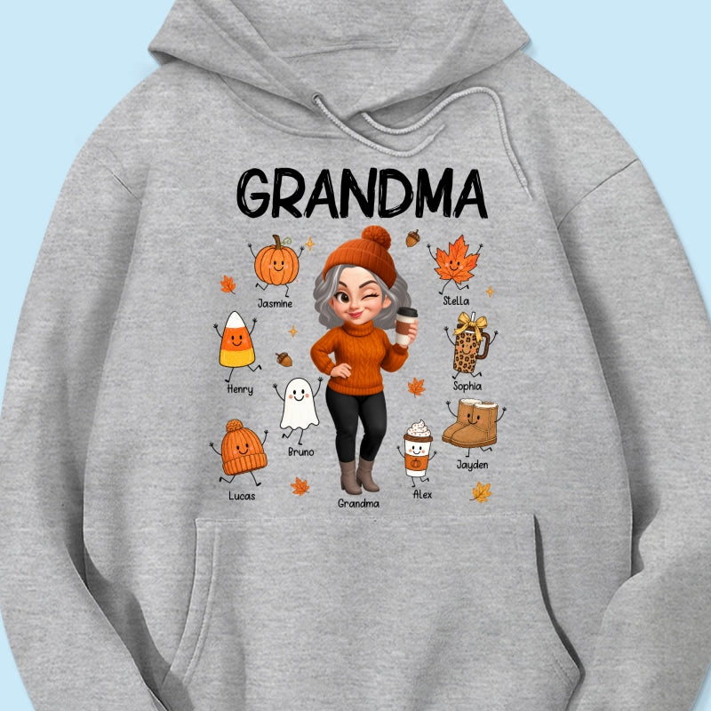 Fall Season Grandma Custom Grandkids Doodle Fall Symbols - Personalized Shirt - Fall Gift For Grandma