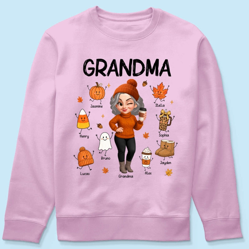 Fall Season Grandma Custom Grandkids Doodle Fall Symbols - Personalized Shirt - Fall Gift For Grandma