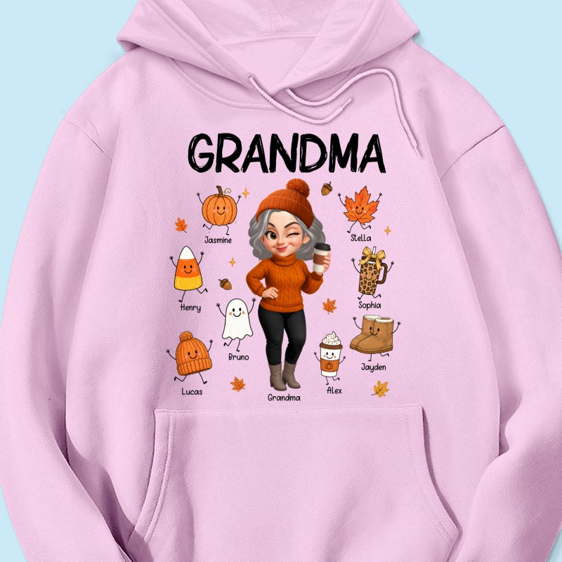 Fall Season Grandma Custom Grandkids Doodle Fall Symbols - Personalized Shirt - Fall Gift For Grandma