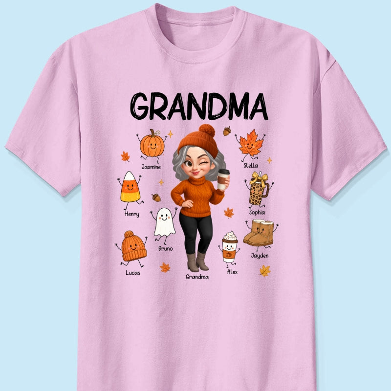 Fall Season Grandma Custom Grandkids Doodle Fall Symbols - Personalized Shirt - Fall Gift For Grandma